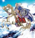  1boy above_clouds blue_cape blue_sky boots cape dated flying helmet holding holding_sword holding_weapon horse horseback_riding kazuki-mendou lightning male_focus nibelungenlied outdoors parted_lips riding scabbard sheath sheathed siegfried_(nibelungenlied) sky solo sword weapon winged_helmet 