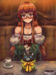  1girl absurdres ahoge bangs bare_shoulders black-framed_eyewear black_bra blush bow bra breasts cafe character_doll cleavage closed_mouth coffee collarbone commentary_request cup fur-trimmed_jacket fur_trim glasses green_jacket happy headphones highres indoors jacket long_hair long_sleeves looking_at_viewer morgana_(persona_5) nose_blush off-shoulder_shirt off_shoulder orange_hair persona persona_5 purple_eyes sakura_futaba saucer shiny shiny_hair shiny_skin shirt sidelocks sitting small_breasts smile solo straight-on table teacup toasty_scones underwear upper_body v-shaped_eyebrows v_arms white_shirt yellow_bow 