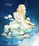  1girl blonde_hair blue_background blue_eyes cape character_name circlet dress flower goldberry green_dress hair_flower hair_ornament holding holding_flower kazuki-mendou lily_(flower) lily_pad long_dress long_hair looking_at_viewer looking_to_the_side lord_of_the_rings on_water one-hour_drawing_challenge signature sitting smile solo very_long_hair 