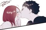  1boy 1girl ^^^ akaashi_keiji black_hair black_shirt blush closed_eyes eyebrows_visible_through_hair frilled_shirt_collar frills haikyuu!! hand_on_another&#039;s_face hetero kiss red_hair shirofuku_yukie shirt short_hair wide-eyed yasai_(getsu) 