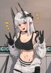  1girl :d absurdres arknights bangs bare_shoulders black_choker blush breasts choker cleavage collarbone commentary crop_top double_v drop_shadow eungi hands_up head_tilt highres horns indoors infection_monitor_(arknights) large_breasts long_hair looking_at_viewer midriff mudrock_(arknights) navel open_mouth oripathy_lesion_(arknights) pointy_ears red_eyes sarashi silver_hair smile solo sports_bra stomach upper_body v 