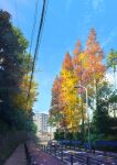  apartment autumn autumn_leaves blue_sky building bush car chain-link_fence city cloud commentary_request day fence ground_vehicle highres house japan lamppost leaf motor_vehicle niko_p no_humans original outdoors power_lines railing road scenery signature sky tree utility_pole window 