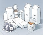  barcode bottle box chicken_nuggets commentary_request food grey_background milk_carton no_humans onigiri original simple_background soy_sauce still_life syego takeout_container tile_floor tiles wrapper 