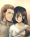  1boy 1girl baby black_hair closed_eyes couple facial_hair father_and_child hair_between_eyes jean_kirchstein kokomi_(aniesuakkaman) lips mikasa_ackerman mother_and_child shingeki_no_kyojin shirt spoilers white_shirt 