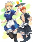  1boy 1girl :o absurdres ahoge alternate_costume apron artoria_pendragon_(all) back_bow backless_dress backless_outfit black_dress black_legwear blonde_hair blue_bow blue_dress blush bow bowtie cowboy_shot crossdressing cup dress drinking_glass emiya_shirou enmaided fate/stay_night fate_(series) frilled_apron frilled_dress frilled_legwear frills green_eyes highres holding holding_tray looking_to_the_side maid maid_headdress messy_hair multicolored multicolored_background open_mouth orange_hair saber short_dress short_hair sidelocks standing standing_on_one_leg thighhighs tray tuto_(mokuchin09) white_apron white_bow wrist_cuffs yellow_eyes zettai_ryouiki 