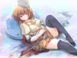  1girl :3 bangs bicorne black_legwear blue_headwear blush boobplate breasts brown_eyes brown_hair brown_skirt cape closed_mouth commentary_request eyebrows_visible_through_hair foot_out_of_frame hair_between_eyes hat hizukiryou marin_(ragnarok_online) no_shoes paladin_(ragnarok_online) partially_submerged ragnarok_online red_cape short_hair sitting skirt slime_(creature) smile thighhighs water 