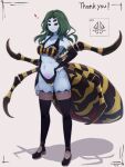  1girl arm_at_side arthropod_girl blue_skin breasts carapace colored_skin commentary_request commission extra_eyes full_body green_hair hand_on_hip heart highres medium_breasts monster_girl original pubic_tattoo shadow skeb_commission smile solo spider_girl standing tattoo thighhighs yonaga 