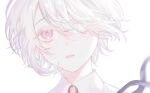  10_io 1boy bolo_tie close-up collared_shirt face heterochromia highres looking_at_viewer male_focus open_mouth original pink_eyes portrait shirt short_hair simple_background solo tearing_up white_background white_eyes white_hair white_shirt 