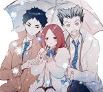  1girl 2boys akaashi_keiji black_hair blazer blush bokuto_koutarou bow bowtie brown_eyes coat collared_shirt eyebrows_visible_through_hair eyelashes fur_coat grey_hair grin haikyuu!! highres holding holding_umbrella jacket looking_away multiple_boys necking open_clothes open_coat open_mouth red_hair ribbon school_uniform shirofuku_yukie shirt short_hair size_difference smile snow snowing striped striped_bow striped_neckwear teeth tongue umbrella white_shirt winter winter_clothes winter_coat yasai_(getsu) yellow_eyes 