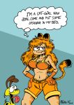  2019 absurd_res andreu_torrent animal_humanoid anthro anthrofied bottomwear bra canid canine canis cat_humanoid clothed clothing crossgender cute_fangs domestic_dog english_text felid felid_humanoid feline feline_humanoid female fur garfield_(series) garfield_the_cat hair hi_res humanoid humor innuendo male mammal mammal_humanoid odie_the_dog orange_hair parody shorts signature simple_background text thought_bubble tongue tongue_out underwear yellow_body yellow_fur 