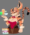  abs alcohol anthro beverage big_arms big_biceps big_breasts bow_tie breasts brown_body cleavage clenched_fists clothed clothing cocktail cuffs_(clothing) eye_scar eyes_closed facial_scar felid female fishnet fishnet_legwear grey_background hair hi_res legwear leopard mammal martini martini_glass multicolored_body muscular muscular_anthro muscular_female orange_body orange_hair pantherine ponytail scar sharp_teeth shyning_fingah simple_background smile solo striped_body stripes taiga_(shyning_fingah) teeth tiger tight_clothing tray unamused waiter white_body 