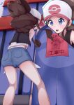  1girl absurdres antenna_hair ass bare_shoulders baseball_cap between_legs black_vest blue_eyes blue_shorts blush brown_hair chansey commentary_request day embarrassed english_commentary from_behind gen_1_pokemon hair_through_headwear hand_between_legs hat have_to_pee highres hilda_(pokemon) kneepits long_hair mixed-language_commentary multiple_views omulettes open_mouth outdoors paper partial_commentary pink_headwear pocket poke_ball_symbol poke_ball_theme pokemon pokemon_(game) pokemon_bw pokemon_center ponytail shiny shiny_hair shirt short_shorts shorts sidelocks sign sleeveless sleeveless_shirt standing tears teeth tied_hair translation_request vest white_shirt 