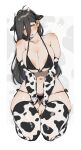  1girl 2021 absurdres animal_ears animal_print antenna_hair areola_slip areolae bikini black_bikini blush border breast_squeeze breasts chinese_zodiac cleavage covered_nipples cow_ears cow_horns cow_print curvy detached_sleeves extra_ears fake_animal_ears fake_horns full_body grey_eyes hair_between_eyes hair_over_one_eye half-closed_eyes head_tilt highres horns huge_filesize kneeling large_breasts long_hair looking_at_viewer muroku_(aimichiyo0526) navel original outside_border pale_skin print_bikini print_legwear print_sleeves side-tie_bikini simple_background solo spaghetti_strap strap_gap swimsuit thick_thighs thighhighs thighs underboob v_arms white_border year_of_the_ox 
