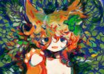  1other abstract ambiguous_gender anabone animal_ears bangs eyes green_eyes hair_between highres leaf leaf_background multicolored_hair no_lineart nude open_mouth original paw_pose paws wavy_hair 