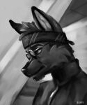  2021 accessory anthro better_version_at_source black_clothing black_nose black_shirt black_topwear canid canine canis clothed clothing domestic_dog eyewear glasses headband hi_res lora_mclaren male mammal monochrome shirt solo topwear 