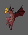  anthro bottomwear canid canine clothing demon fire flying fox fur horn loincloth male mammal red_body red_fur solo wings yellow_eyes zackerydrawstoo 