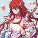  1girl alternate_costume bangs blue_background blue_ribbon bow_(weapon) breasts bride bride_(fire_emblem) choker closed_mouth collarbone commentary cordelia_(bridal)_(fire_emblem) cordelia_(fire_emblem) detached_sleeves dress english_commentary faithom fingernails fire_emblem fire_emblem_awakening fire_emblem_heroes hair_between_eyes hair_ornament heart holding holding_bow_(weapon) holding_weapon lips long_hair looking_at_viewer medium_breasts official_alternate_costume pink_lips red_eyes red_hair ribbon simple_background sleeveless sleeveless_dress smile solo strapless strapless_dress very_long_hair weapon wedding_dress white_choker white_dress white_sleeves wing_hair_ornament 