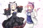  2girls absurdres ahoge anchor_symbol animal_ear_fluff animal_ears arms_up bangs bare_shoulders black_dress black_sleeves blue_choker blue_hair blue_neckwear blue_skirt blunt_bangs blush bow bowtie braid breasts brooch cat_ears cat_girl cat_tail center_frills choker claw_pose cleavage collarbone cowboy_shot criss-cross_halter detached_sleeves dress dress_bow eyebrows_visible_through_hair flat_chest french_braid frilled_choker frilled_dress frilled_ribbon frilled_shirt_collar frills gothic_lolita hair_ribbon halter_dress halterneck high-waist_skirt highres hololive huge_filesize ijac_ray jacket jewelry juliet_sleeves large_breasts layered_dress lolita_fashion long_hair long_sleeves looking_at_viewer minato_aqua multicolored_hair multiple_girls murasaki_shion pantyhose parted_lips petals pinstripe_dress pinstripe_pattern pleated_skirt puffy_sleeves purple_eyes purple_hair ribbon ribbon_choker sailor_collar shirt short_eyebrows sidelocks silver_hair skirt sleeveless sleeveless_dress sleeves_past_wrists smile star_(symbol) streaked_hair striped surprised tail tail_bow tail_ornament tail_ribbon twin_braids twintails two-tone_hair underbust virtual_youtuber w_arms white_jacket white_legwear white_shirt wide_sleeves yellow_eyes 
