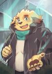  2021 anthro bottomwear canid canine canis clothing cu_sith_(tas) cute_fangs domestic_dog hi_res kemono male mammal outside overweight overweight_anthro overweight_male pants raining scarf shimo_kawa shirt solo tokyo_afterschool_summoners topwear umbrella video_games 