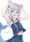  1girl :d animal_ear_fluff animal_ears armpits artist_name bangs bespectacled blue-framed_eyewear blue_eyes blue_hair blue_nails blue_skirt blue_vest buttons cat_ears collarbone commentary cube english_commentary eyebrows_visible_through_hair fish_tail frilled_sleeves frills gawr_gura glasses grey_hair hair_cubes hair_ornament highres hitsukuya holding_ears hololive hololive_english looking_at_viewer multicolored_hair official_alternate_costume open_mouth shark_tail sharp_teeth shirt side_ponytail signature simple_background skirt smile solo strap streaked_hair tail teeth vest white_background white_shirt 