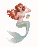  1girl ariel_(disney) bangs blue_eyes breasts bubble collarbone fish flower full_body hair_flower hair_ornament highres holding long_hair looking_at_viewer medium_breasts mermaid monster_girl navel red_hair shell shell_bikini simple_background solo tasiams the_little_mermaid 