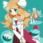  1girl belt blonde_hair blouse blue_background blue_eyes bow caitlin_(pokemon) collarbone dadadanoda diamond_(shape) dress dual_persona expressionless eyebrows_visible_through_hair full_body gallade gen_3_pokemon gen_4_pokemon gen_5_pokemon hair_bow hand_on_own_chin hands_together holding holding_poke_ball long_hair long_sleeves looking_to_the_side multiple_persona one_eye_closed pink_blouse pink_headwear poke_ball pokemon pokemon_(game) pokemon_bw pokemon_dppt ralts red_dress red_footwear reuniclus shiny shiny_hair shoes sidelocks smile solid_oval_eyes solosis strapless strapless_dress tareme time_paradox very_long_hair white_blouse white_bow 