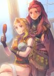  2girls belt belt_buckle blonde_hair braid braiding_hair brigid_(fire_emblem) buckle closed_mouth crossed_legs earrings fingerless_gloves fire_emblem fire_emblem:_genealogy_of_the_holy_war fire_emblem:_three_houses gloves hairdressing highres holding jewelry long_hair mirror multiple_girls nintendo orange_eyes petra_macneary picnicic pink_eyes purple_hair ship sitting skirt smile watercraft 