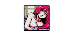  1girl akairiot bare_shoulders bed_sheet blue_eyes blush border breasts highres long_hair medium_breasts nude one_eye_closed open_mouth original red_hair solo upper_body white_border window 