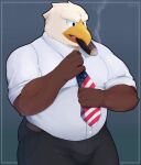  2018 5_fingers accipitrid accipitriform anthro avian bald_eagle beak belly big_belly bird bottomwear brown_body brown_feathers bulge cigar clothed clothing digital_drawing_(artwork) digital_media_(artwork) dress_shirt eagle feathers fingers formal_wear front_view fully_clothed hi_res male multicolored_body multicolored_feathers musclegut necktie nipple_outline open_beak open_mouth overweight overweight_anthro overweight_male pink_tongue sea_eagle shaded shirt signature simple_background smoke smoking solo st637 stars_and_stripes tongue topwear united_states_of_america white_body white_feathers yellow_beak 