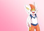  2020 absurd_res anthro biped blue_body blush cinderace digital_media_(artwork) fur hi_res looking_at_viewer nintendo open_mouth pink_background pok&eacute;mon pok&eacute;mon_(species) red_body simple_background solo standing sum video_games white_body white_fur 