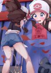  1girl ? absurdres antenna_hair ass bare_shoulders baseball_cap between_legs bird black_vest blue_eyes blue_shorts blurry blurry_foreground blush brown_hair chansey commentary_request day embarrassed english_commentary from_behind gen_1_pokemon gen_5_pokemon hair_through_headwear hand_between_legs hat have_to_pee highres hilda_(pokemon) kneepits leaf long_hair looking_down mixed-language_commentary multiple_views omulettes open_mouth outdoors paper partial_commentary pee peeing peeing_self pidove pink_headwear pocket poke_ball_symbol poke_ball_theme pokemon pokemon_(creature) pokemon_(game) pokemon_bw pokemon_center ponytail shiny shiny_hair shirt short_shorts shorts sidelocks sign sleeveless sleeveless_shirt standing tears teeth tied_hair translation_request vest wet wet_clothes white_shirt wind 