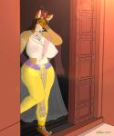  anthro areola bedroom_eyes big_breasts bottomwear breasts brown_body brown_hair canid canine canis clothed clothing curvy_figure domestic_dog doorway female footwear hair hat headgear headwear hi_res huge_breasts jewelry looking_at_viewer mammal multicolored_body narrowed_eyes necklace nipples ohs688 pants pink_areola pink_nipples pose seductive shawl shoes smile solo standing topless translucent translucent_clothing two_tone_body voluptuous white_body yellow_bottomwear yellow_clothing yellow_pants 