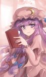  1girl blue_bow blue_ribbon book bow capelet commentary_request crescent crescent_hat_ornament crescent_pin eyebrows_visible_through_hair hair_bow hat hat_ornament hat_ribbon highres holding holding_book long_hair looking_at_viewer mob_cap namiki_(remiter00) patchouli_knowledge purple_eyes purple_hair red_bow ribbon smile solo touhou upper_body very_long_hair 