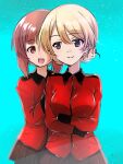  2girls :d alternate_costume aqua_background bangs black_skirt blonde_hair blue_eyes braid brown_eyes brown_hair closed_mouth commentary_request crossed_arms darjeeling_(girls_und_panzer) epaulettes girls_und_panzer hands_on_another&#039;s_back highres jacket light_smile long_sleeves looking_at_viewer military military_uniform miniskirt multiple_girls nishizumi_miho open_mouth partial_commentary pleated_skirt red_jacket rurikoke short_hair skirt smile st._gloriana&#039;s_military_uniform standing tied_hair twin_braids uniform yuri 