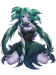  1girl bare_legs barefoot bishoujo_senshi_sailor_moon bishoujo_senshi_sailor_moon_crystal breasts choker cleavage colored_skin dark_green_hair dress earrings grass_skirt green_eyes heart heart-shaped_pupils highres jewelry large_breasts lebachqui126 purple_skin skirt solo symbol-shaped_pupils tellu_(sailor_moon) thorns witches_5 