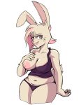  anthro big_breasts breasts chubby_female clothing cream_hair female hair hi_res lagomorph leporid looking_at_viewer mammal multicolored_hair navel nipple_slip panties pink_eyes pink_hair rabbit saturn_(shyning_fingah) shirt shyning_fingah simple_background slightly_chubby solo tan_body tank_top tongue tongue_out topwear underwear wardrobe_malfunction white_background 