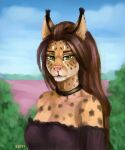  anthro better_version_at_source biped black_collar breasts brown_hair clothed clothing collar felid feline female fur green_eyes hair hi_res lora_mclaren lynx mammal outside pink_nose sky spots spotted_body spotted_fur 