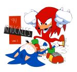  2020 anthro ballad-of-gilgalad biped black_eyes blue_body blue_fur classic_knuckles classic_sonic classic_sonic_(universe) clothing digital_media_(artwork) duo echidna english_text eulipotyphlan fist footwear fur gloves grass grin handwear hedgehog knuckles_the_echidna looking_at_another looking_down lying male mammal monotreme on_back plant plantigrade raised_arm red_body red_clothing red_footwear red_fur red_shoes scratches shoes simple_background smile sonic_the_hedgehog sonic_the_hedgehog_(series) spiral_eyes stepped_on text tongue tongue_out white_background white_clothing white_gloves 