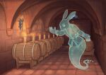 alcohol anthro barrel beverage candle castle cellar clothing facial_hair ghost gloves handwear hare harmaagriffin hi_res inviting lagomorph leporid male mammal medieval mustache night old sir_cordiale smile solo spirit story story_in_description torch translucent white_eyes wine wine_cellar wineskin 