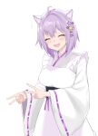  1girl :3 ahoge animal_ears breasts cat_ears chameleon_(ryokucha_combo) closed_eyes double_v hair_ornament hololive large_breasts nekomata_okayu open_mouth purple_hair ribbon-trimmed_sleeves ribbon_trim smile solo v virtual_youtuber wa_maid wide_sleeves 