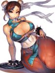  1girl bare_shoulders bikini blue_bikini breasts brown_hair chun-li covered_nipples curvy double_bun fumio_(rsqkr) highres large_breasts looking_at_viewer pantyhose parted_lips short_hair solo spiked_gauntlets street_fighter swimsuit thick_thighs thighs 