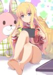  1girl absurdres ahoge bangs barefoot blonde_hair blurry blush closed_mouth commentary convenient_leg cushion depth_of_field feet full_body gabriel_dropout gabriel_tenma_white handheld_game_console hands_up highres holding holding_handheld_game_console jacket long_hair long_sleeves looking_at_viewer nintendo_switch no_pants purple_eyes red_jacket shadow shiny shiny_hair shiny_skin sitting soles solo star_(symbol) starry_background stuffed_animal stuffed_bunny stuffed_toy toes track_jacket turtleneck very_long_hair wata9mm_no white_background zipper_pull_tab 
