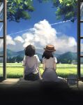  2girls absurdres black_hair black_skirt blue_sky cloud condensation_trail day dress field from_behind grass hat highres house leaf mountain mountainous_horizon multiple_girls original road rural scenery shirt short_hair short_sleeves sitting skirt sky sliding_doors summer torii tree tree_branch user_syee8825 utility_pole white_dress white_shirt 