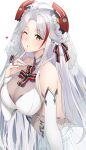  1girl ahoge azur_lane breasts bridal_gauntlets bridal_veil bride cleavage dress finger_to_own_chin headgear heart heart-shaped_pupils highres jewelry large_breasts long_hair one_eye_closed prinz_eugen_(azur_lane) raitho104 ring silver_hair symbol-shaped_pupils veil wedding_dress white_dress 
