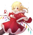  1girl alternate_costume black_legwear blonde_hair blush breath capelet commentary_request cowboy_shot crystal fang flandre_scarlet fur-trimmed_capelet fur-trimmed_hood fur_trim high-waist_skirt honotai hood hooded_capelet long_hair mittens no_hat no_headwear open_mouth outstretched_arms pantyhose petticoat pointy_ears pom_pom_(clothes) red_capelet red_eyes red_skirt shirt side_ponytail skirt smile solo spread_arms touhou white_background white_shirt wings winter_clothes 