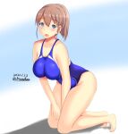  bent_over blue_eyes blush breasts brown_hair competition_swimsuit dated highres intrepid_(kancolle) kantai_collection kneeling large_breasts looking_at_viewer montemasa one-piece_swimsuit ponytail shadow signature simple_background smile swimsuit 