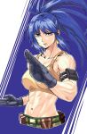  1girl abs ammunition_pouch armlet bare_shoulders belt biceps blue_eyes blue_hair breasts camouflage camouflage_pants dog_tags earrings eyes gloves highres jewelry large_breasts leona_heidern looking_at_viewer midriff military military_uniform muscular muscular_female pants ponytail pouch sleeveless solo standing tank_top tennzikiyu the_king_of_fighters the_king_of_fighters_xiv the_king_of_fighters_xv triangle_earrings uniform white_background yellow_tank_top 