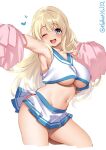  1girl armpits atago_(kancolle) blonde_hair blue_eyes blue_heart blush breasts cheering cheerleader cowboy_shot crop_top crop_top_overhang ebifurya heart highres holding holding_pom_poms kantai_collection large_breasts long_hair midriff miniskirt navel one_eye_closed open_mouth outstretched_arm pleated_skirt pom_poms shirt skirt sleeveless sleeveless_shirt smile solo stomach twitter_username underboob white_background 