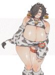  1girl :&lt; abstract_background absurdres ahoge animal_ears animal_print areola_slip areolae barcode bare_shoulders bell black_hair blue_eyes blush breasts cleavage cleavage_cutout closed_mouth clothing_cutout collar cow_ears cow_print cow_tail dated detached_sleeves ear_tag feet_out_of_frame furrowed_eyebrows glasses grid_background hair_over_one_eye hand_on_own_thigh heart highres holding_tail horns huge_filesize kneehighs large_breasts leaning_forward long_sleeves looking_at_viewer muroku_(aimichiyo0526) name_tag neck_bell no_nose original plump safety_pin semi-rimless_eyewear shadow shiny shiny_skin signature skindentation solo standing tail tareme thick_eyebrows thick_thighs thigh_strap thighs under-rim_eyewear underbust white_background 