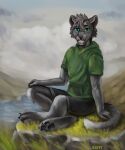  2021 anthro better_version_at_source biped black_bottomwear black_clothing black_nose black_pants black_pawpads blue_eyes bottomwear clothed clothing detailed_background felid feline fully_clothed green_clothing green_shirt green_topwear hi_res lora_mclaren male mammal open_mouth outside pants pawpads shirt sitting topwear 